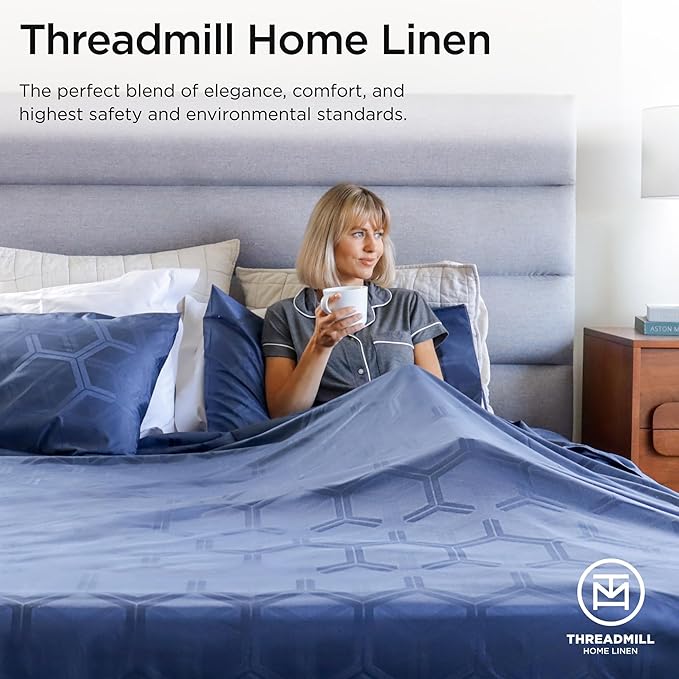 Threadmill 100% Cotton Sheets for King Size Bed - 600 Thread Count King Bed Sheets Set with 16” Deep Pocket - Jacquard Sateen Weave 4-Piece Bedding Set with Cooling Effect, Folkstone Blue