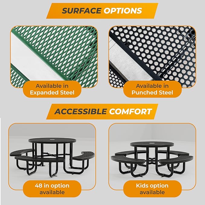 Metal Picnic Tables for Outdoors with Umbrella Hole - Coated Steel Heavy Duty Commercial Grade Furniture Set with Adjustable Seats (Red, 38 in, Round, Expanded Steel)