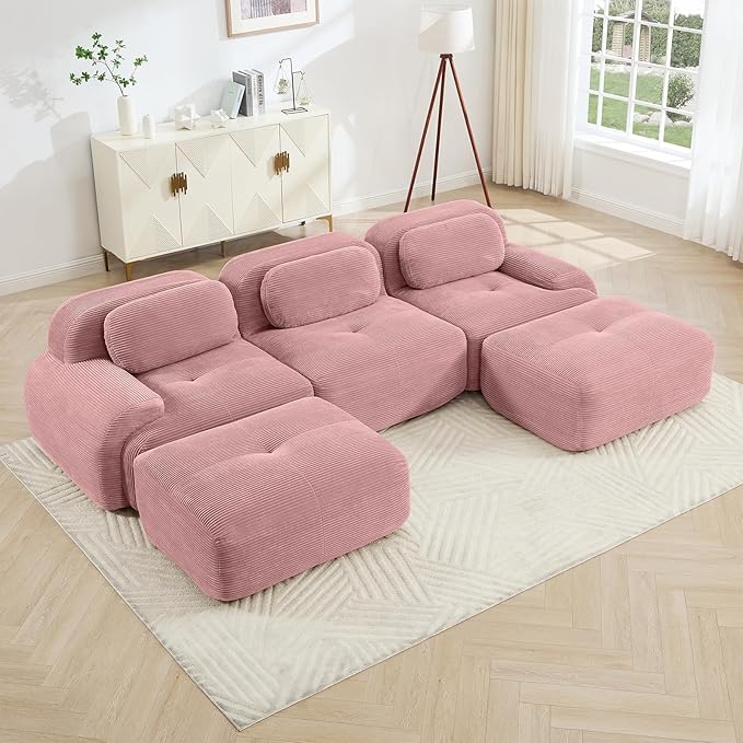 116" Modern Compressed Boneless Couch with Ottoman, 3 Seater Large U Shaped Sectional Couches for Living Room, Pink Corduroy Cloud Modular Sectional Sofa, Memory Foam, Extra Deep, No Assembly