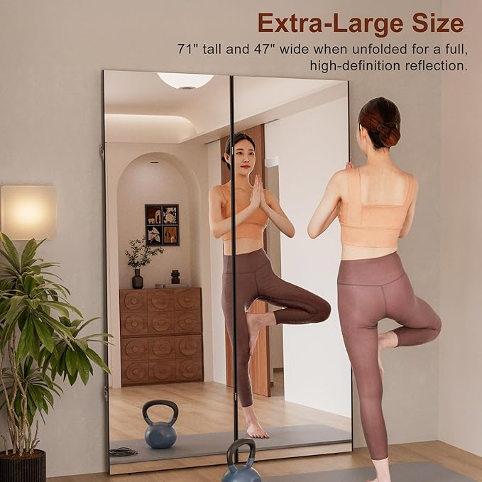 brisafe 360-Degree Folding Full-Length Mirror - 71"x47" Oversized Anti-Shatter Nano Film Mirror, Space-Saving Foldable Design for Home Gym/Yoga Studio,Black, 60% Commercial Insurance Discount