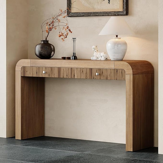 Farmhouse Modern Curved Entryway Console Table 54.3-Inch Sofa Entry Table Fluted Accent Tables with Storage Drawers for Living Room Hallway Furniture, Natural