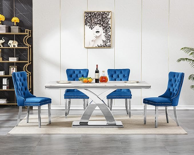 Goujxcy 68" Marble Dining Table Set for 4, Modern Rectangle Dining Room Table Set for 4, Luxury White Silver Marble Kitchen Table and Chairs Set of 4 for Living Room,Kitchen