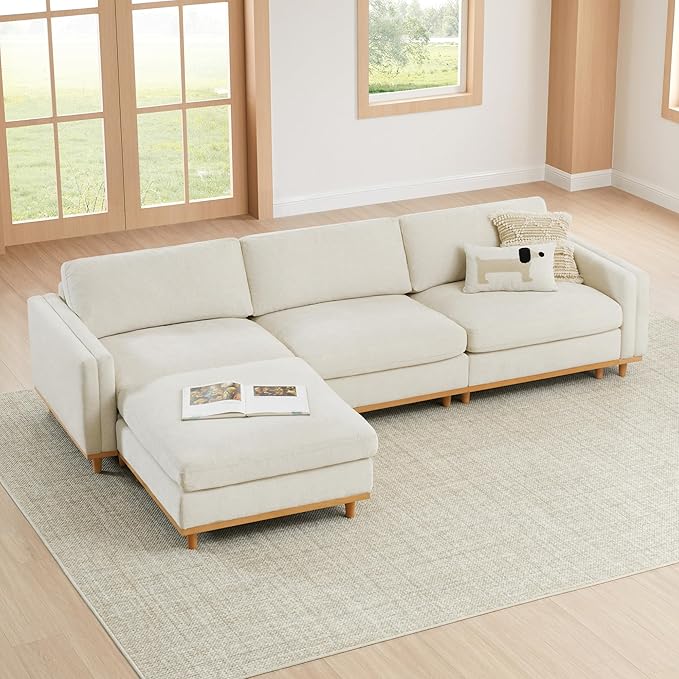 CHITA Super Large Luxury L Shape Convertible Sectional Modular Sofa, Down Filled Modern Sofa with Ottoman, Deep Seat Cloud Couch, 118 inch Width, 4 Seat Couch with Solid Wood Leg, Linen