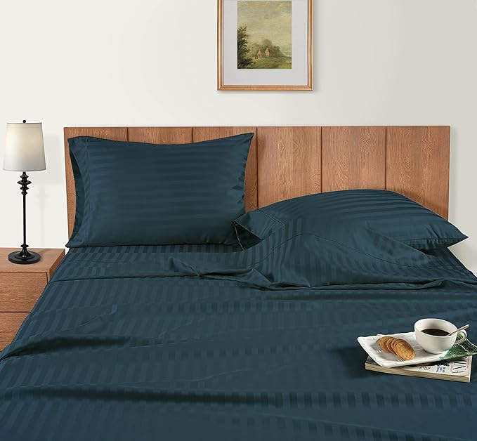 LANE LINEN 100% Egyptian Cotton California King Sheets - 4 Pc Sateen Sheet Sets Luxury Bedding & Pillowcases 17" Deep Pocket Dark Denim Stripe