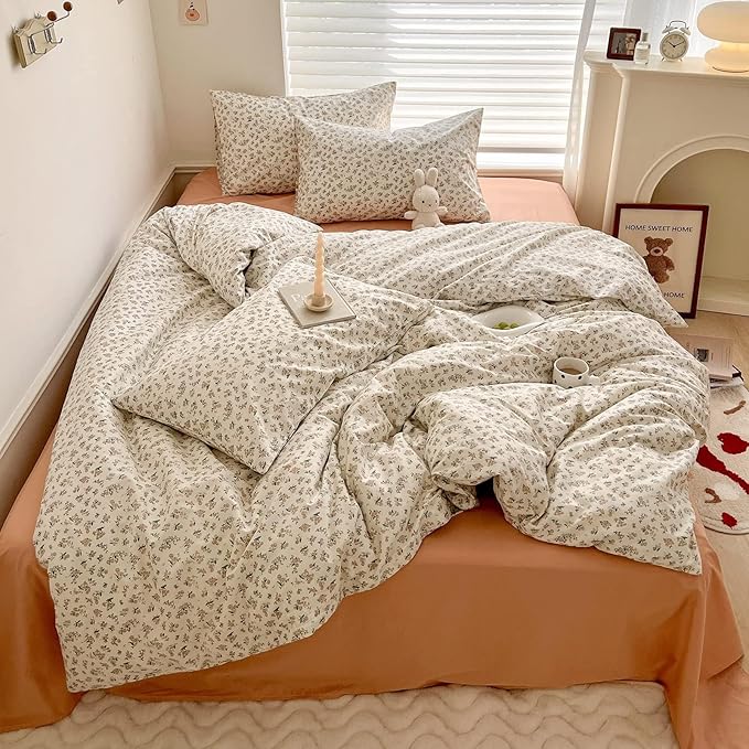 Boho Floral Duvet Cover Twin XL Aesthetic Cotton Floral Bedding Set Off White Vintage Garden Floral Comforter Cover Pink Flower Botanical French Style Duvet Cover Cottagecore Bedding Set Twin XL