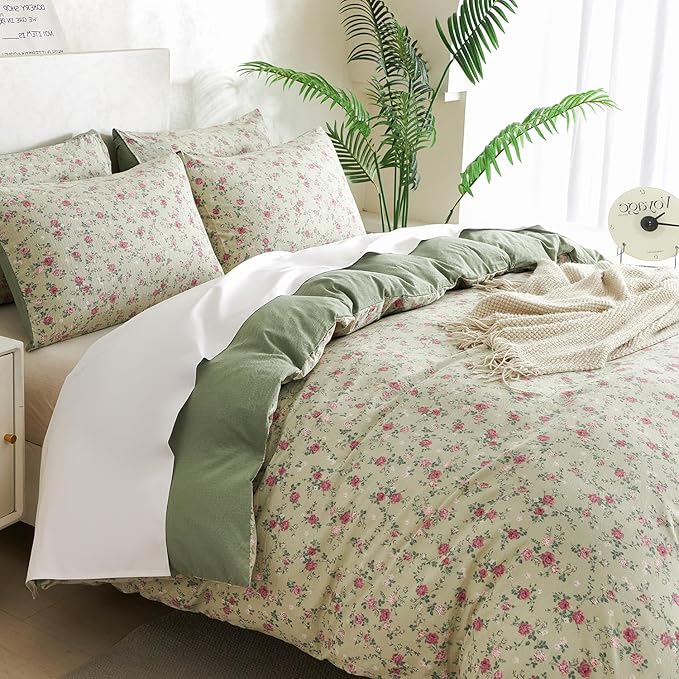 Comforter King Size Floral Soft 3 Pieces Chic Crinkle Gauze Fabric Garden Style Floral Print Botanical Comforter for All Seasons Luxury Warmth Comfy Breathable with 2 Pillowcases