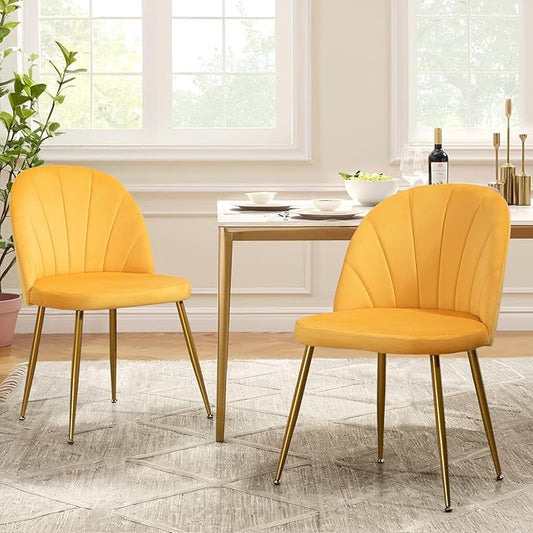 Velvet Dining Chairs Set of 2, Upholstered Mid Century Modern Dining Chairs, Armless Accent Chair with Metal Gold Legs for Living Room, Kitchen, Dining Room, Yellow