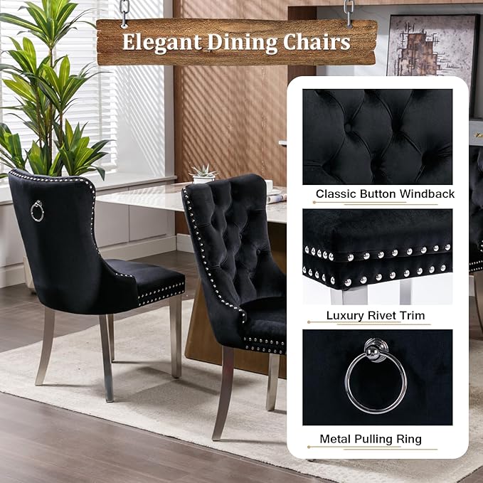 Goujxcy 9-Piece Extendable Dining Table Set for 8, 63-78 Inch Faux Marble Kitchen Table Set with 8 Black Upholstered Chairs Modern Expandable White Marble Dining Room Table Set for Kitchen Apartment