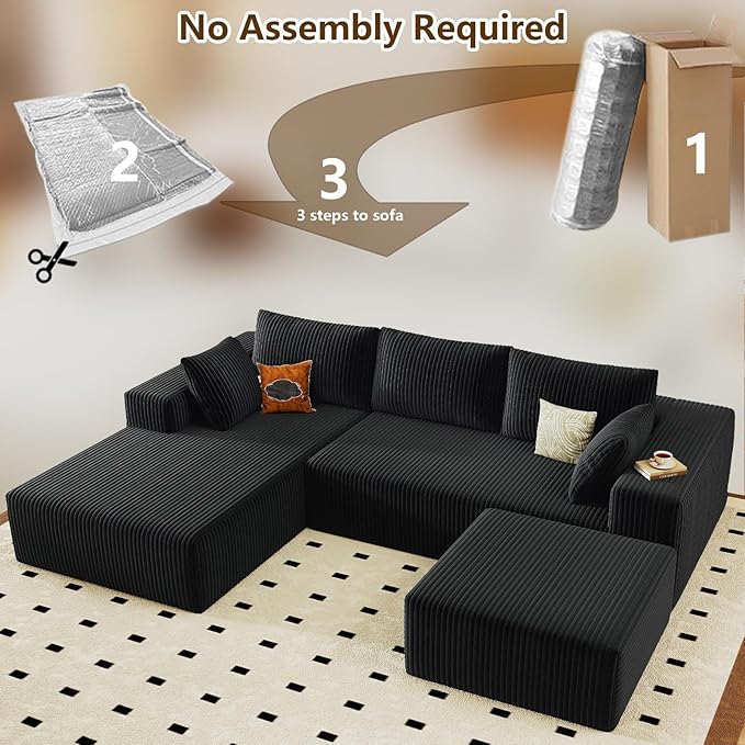 96" U-Shape Cloud Couch, Modern Modular Sectional L-Shape Sofa with Ottoman, Corduroy Upholstered Couches Deep Seat Sleeper Chaise Longue for Living Room, No Assembly Required(Black, Left Facing)