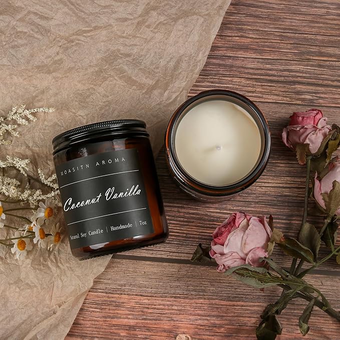 MOASITN Coconut Vanilla Heavenly Scented Candles for Home| Natural Soy Aromatherapy Candle| Handmade Long Lasting Jar Candle| Women,Men Gift for Birthday,Housewarming,Thank You| 7oz