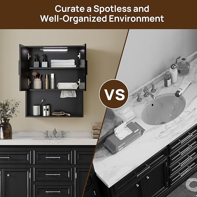 Fluted Bathroom Wall Cabinet with DIY LED Light, Wooden Medicine Cabinet with Tissue Hole, Monuted Wall Cabinet with DTC Hinge (Silent Buffering), Over Toilet Storage Cabinet Modern Black