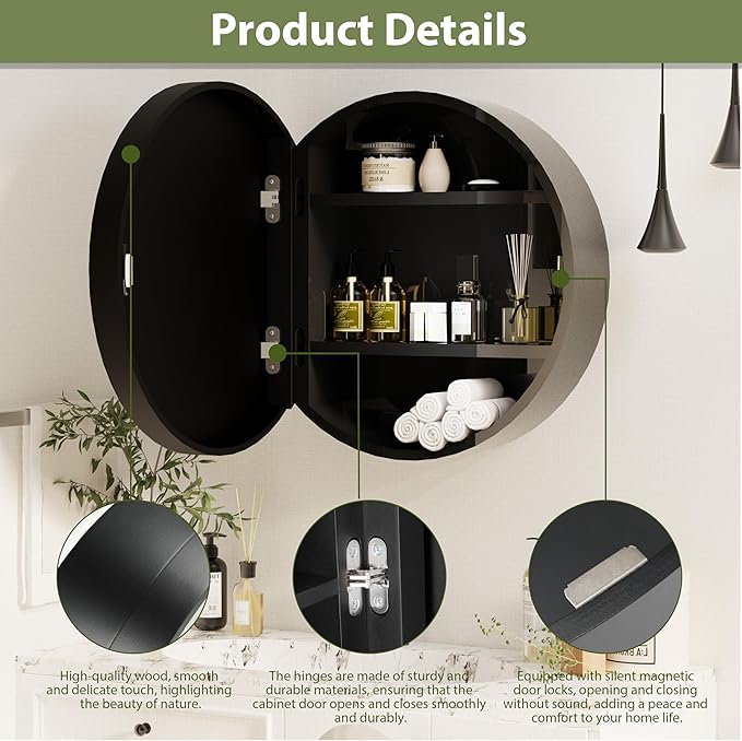 Royal Windsor 20 Inch Round Medicine Cabinet Mirror, Bathroom Mirror Wall Cabinet with Storage and Shelf, Surface Wall Mounted,Arched Cabinet Makeup Vanity Mirror for Bedroom, Black