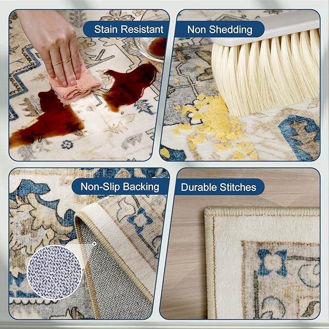 Machine Washable Area Rug 8x10 - Large for Living Room Vintage Oriental Soft Rugs, Low Pile Thin Floor Carpet with Non Slip Backing for Bedroom, Dorm, Under Dining Room Table, Indoor House, Office