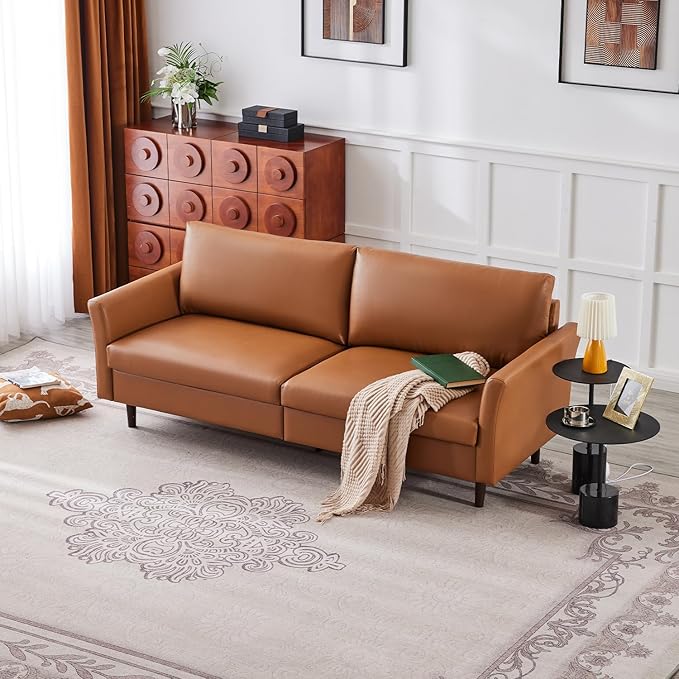 Kingfun Faux Leather 3 Seat Couch for Living Room, Mid Century Modern Sofa with Rolled Arms and Deep Seats, Fluffy Comfort for Apartment, Easy to Assemble, Mid Brown 80inch