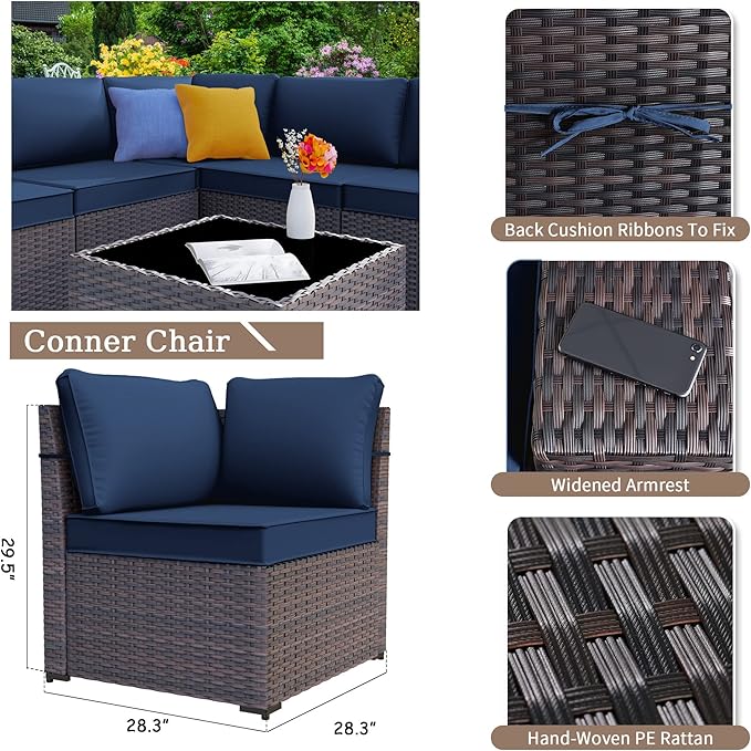 Kurapika 7 Pieces Patio Furniture Set, Rattan Wicker Outdoor Conversation Sets w/43in Propane Fire Pit Table and 4 Inch Cushion(Navy Blue)