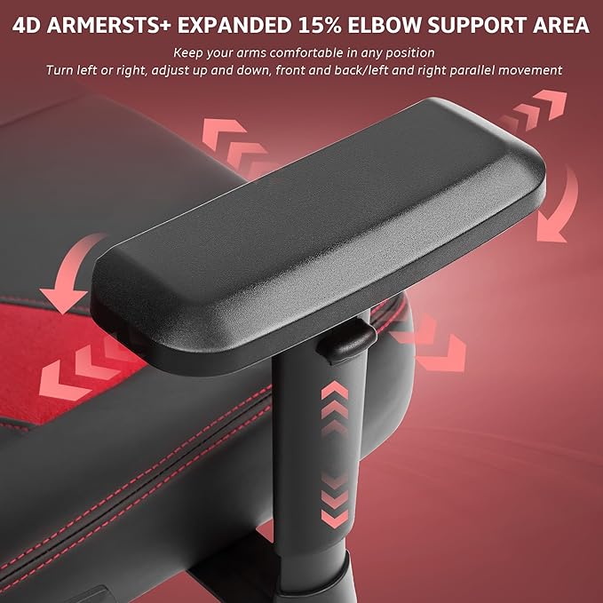 Ergonomic Gaming Chair, Computer Desk Chairs, 4D Armrests, High Back Office Chair with Headrest & Lumbar Pillow, Tilt Rocker Recliner, Heavy-Duty Base, Black PU Leather & Red Suede Combo