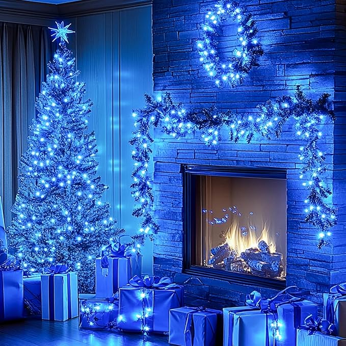 Kwaiffeo Blue Christmas Lights, 100FT 300LED String Light Outdoor Indoor, 8 Modes Connectable Blue Lights for Christmas Halloween Decorations Outside, Fairy Light for Party Yard Tree Decor