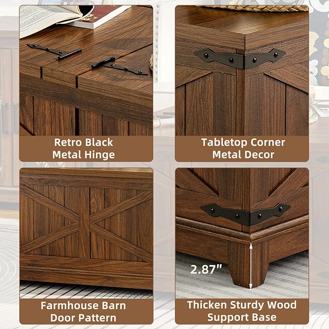 Farmhouse Coffee Table Sets 3 Pieces, Narrow Night Stand with Glass Barn Door Storage, Large Coffee Tables with Hidden Storage Organizer, Wood Furniture Sets for Living Room, Office, Brown