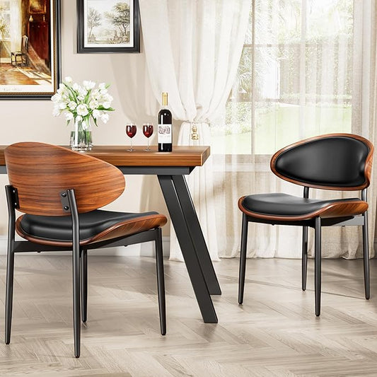 Dining Chairs Set of 2, Dining Room and Kitchen Chairs, Mid Century Modern Retro Chair, Upholstered PU Leather Chairs for Vanity with Walnut Bentwood and Metal Legs (Black)