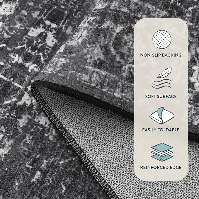 Lahome 6x9 Area Rugs Washable Rugs for Bedroom Large Black Area Rug for Bedroom,Soft Vintage Distressed Rug Non Slip Stain Resistant Indoor Carpet for Dining Decor