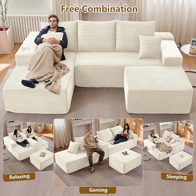 107" L-Shape Sofa with Ottoman, Modern Modular Sectional Comfy U-Shape Cloud Couch, Deep Seat, Upholstered Corduroy Sleeper Chaise Longue for Living Room Bedroom, No Assembly Required, White
