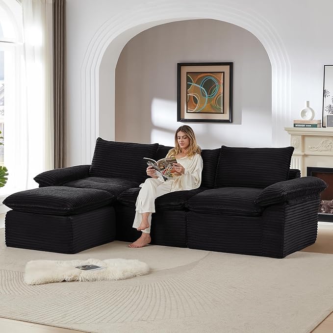 111" Cloud Sectional Couch with L-Shaped Chaise, Corduroy Sectional Sofa with Ottoman, Boneless Couch with Deep Seat in a Box for Living Room, No Assembly Required (Black)