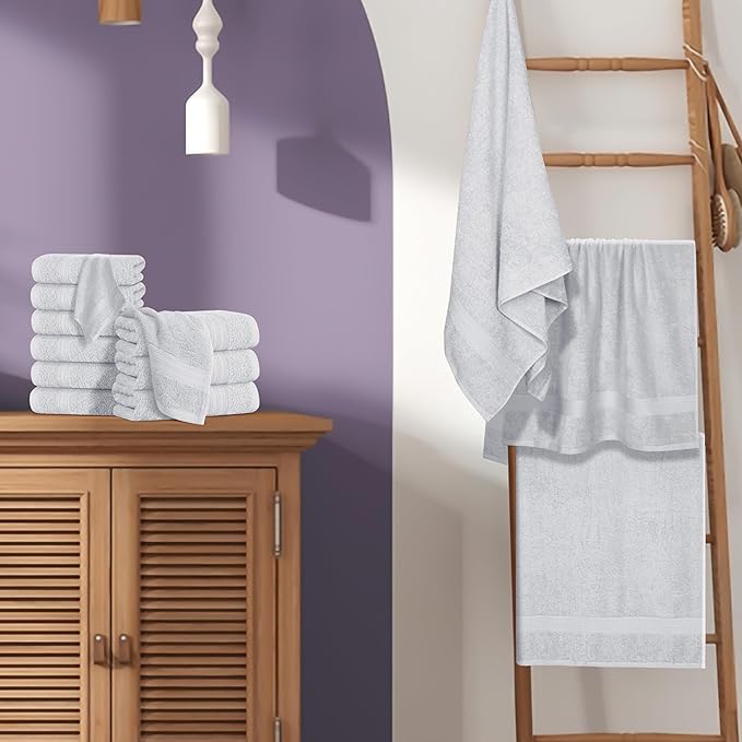 BOUTIQUO 24 Pack Cotton Towel Set, Contains 6 Bath Towels 27x54 inch, 6 Hand Towels 16x24 inch & 12 Wash Coths 12x12 inch, Ideal Everyday use, Ultra Soft Compact & Lightweight - Light Grey