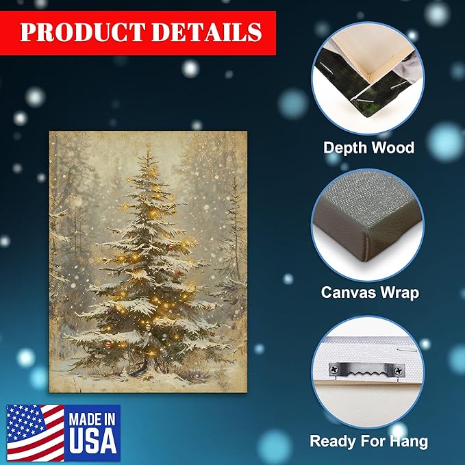 Framed Christmas Pictures Wall Decor,Vintage Pine Tree Prints,Winter Christmas Canvas Wall Art Decoration for Bedroom Bathroom Living Room Rustic Xmas Holiday Gifts (Christmas Tree 2, 12'' X 16'')