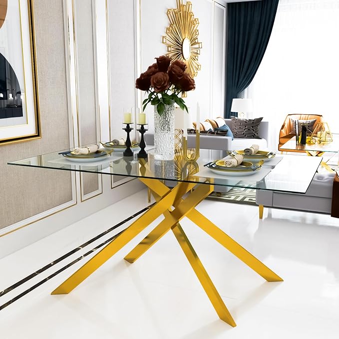 HomVent 51.18"" Rectangular Clear Tempered Glass Dining Table,Stylish Design with Golden Metal Legs, Glass Kitchen Table Glass Dining Room Table Glass Dinner Table for Dining Room, Gold10