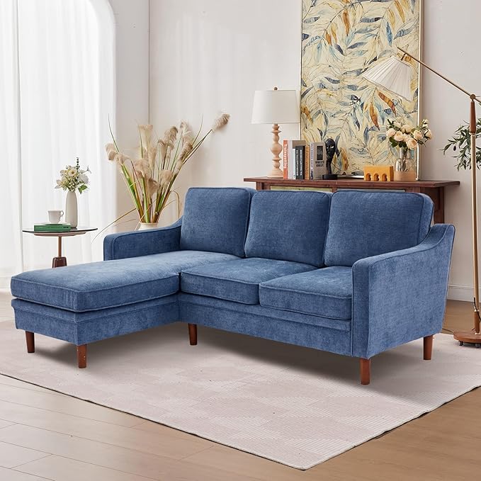 Kingfun 88" L-Shape Sofa, Chenille Sectional Couch, Mid Century Modern Couches with Solid Wood Frame for Living Room & Bedroom, Beige