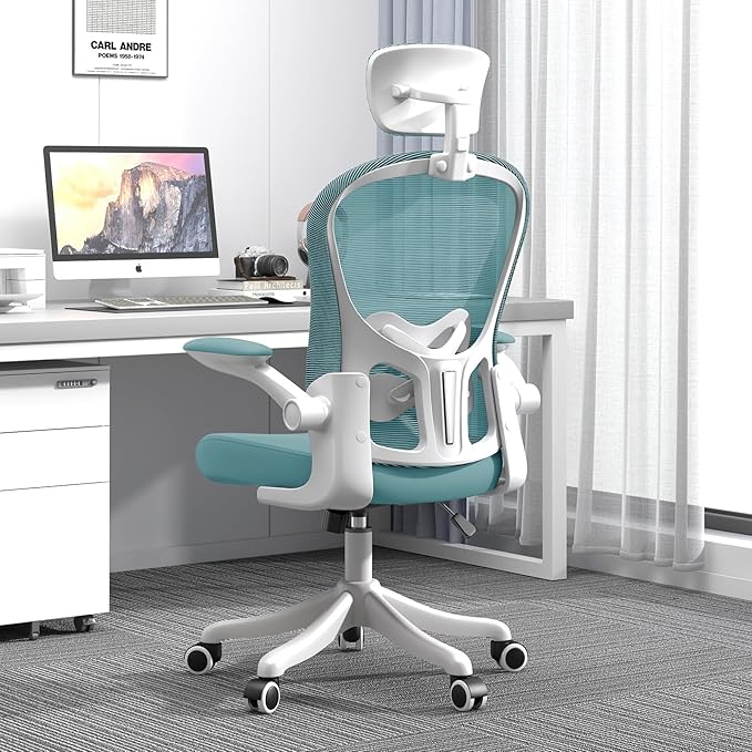 Ergonomic Office Chair with Adjustable Lumbar Support and Headrest, High Back Mesh Desk Chair for Home Office,Flip-Up Arms 90-120° Tilt Lock Rolling Swivel Task Chairs (White-Blue6065)