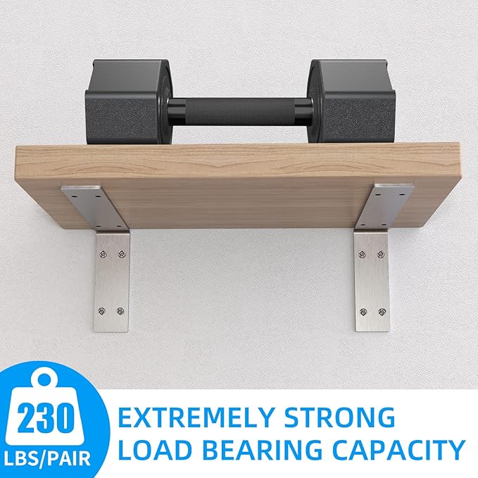 YUMORE Shelf Bracket 8 inch, Heavy Duty (1/5") Thick Solid L Brackets, Max Load: 230lbs, Stainless Steel Countertop Bar Top Support Brackets Wall Mounted, Includes Hardware, 2 Pack