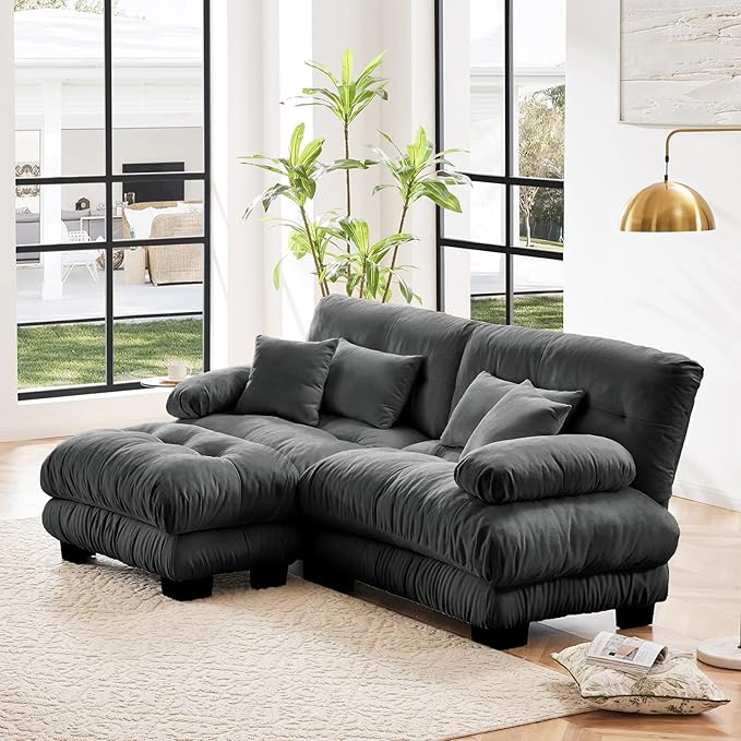 94.4" Loveseat Sofa, 2 Seater Modular Sectional Sofa, Grey Large L Shaped Sectional Fluffy Couch, Chenille Cloud Couch with Ottoman, Deep Seat Sofas for Living Room