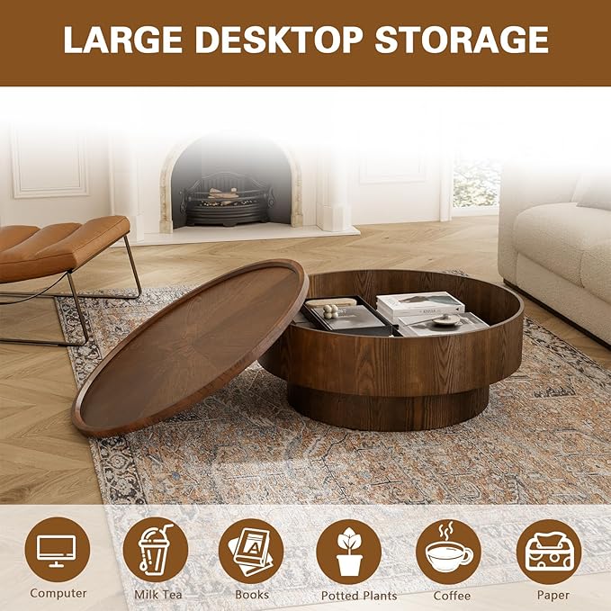 30.7 inch Storage Coffee Table Round Coffee Table with Storage Modern Luxury Circle Drum Coffee Tables for Living Room Apartment Easy Assembly