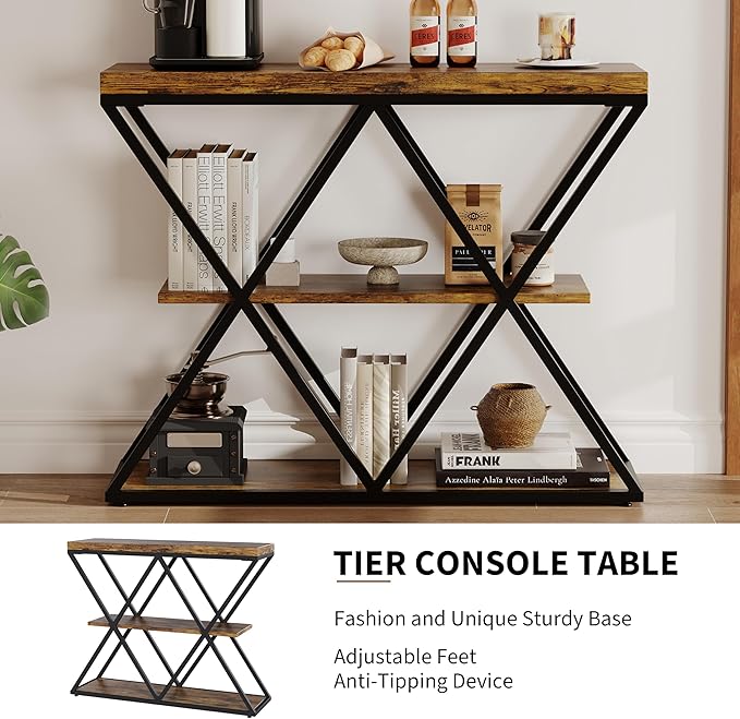 Garvee 3-Tier Entryway Table, Industrial Console Sofa Table with Storage, Accent Table with Open Shelves, X-Shaped Metal Frame, Foyer Table for Entryway, Hallway, Rustic Brown
