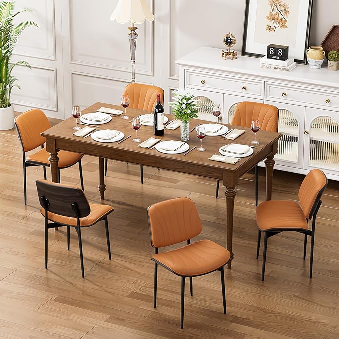 Dining Chairs Set of 8, Mid Century Modern Dining Room and Kitchen Chairs, Upholstered PU Leather Chairs with Walnut Bentwood and Metal Legs, Orange