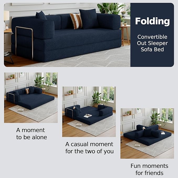 78.8''Convertible Sleeper Sofa Bed,Compressed Floor Boneless Couch,Modular Modern Corduroy Sofa for Living Room Bedroom -with Fixed-Shape Frame and Support Armrest,Easy Assembly(Dark Blue