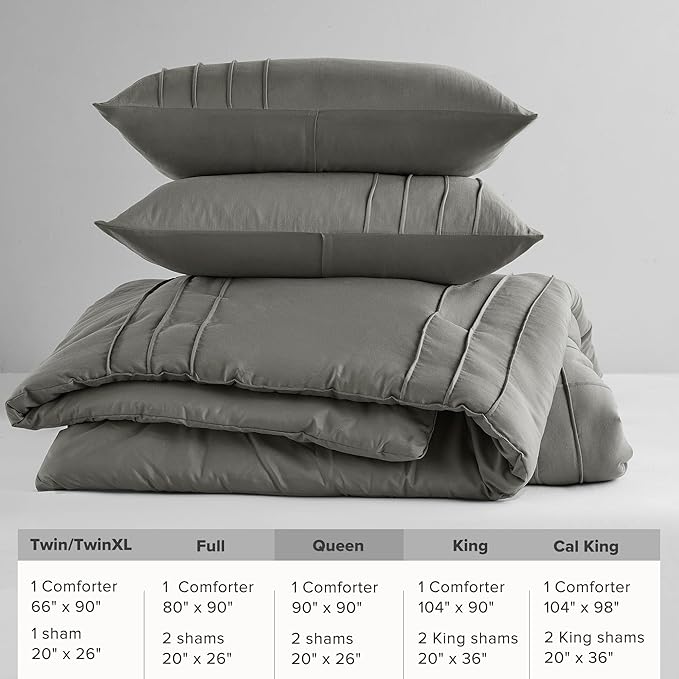Comfort Spaces Grey Queen Size Comforter Set - 3 Piece Pintuck Pleated Bedding Set, All Season Lightweight, Extra Softness Pre-Washed Microfiber Bed Set, Shams