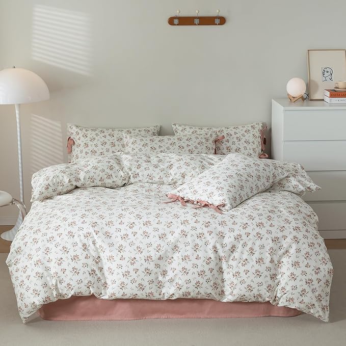 Girls Pink Flower Duvet Cover Set Twin XL Cute Floral Cottagecore Bedding Set Soft Cotton Aesthetic Botanical Duvet Cover Vintage Country Style Peach Floral Comforter Cover with Zipper Closure Twin XL