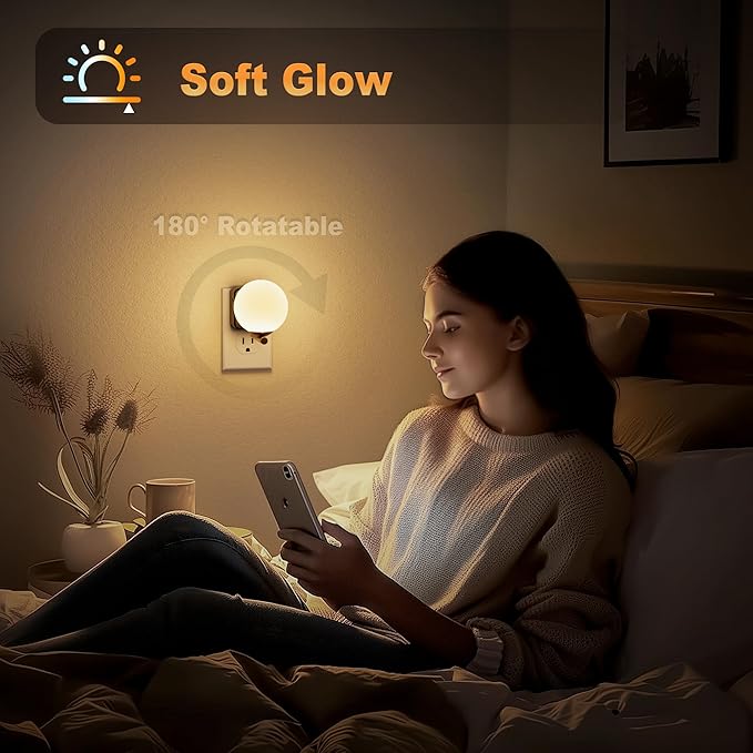 JandCase LED Night Light, 3000K Warm Night Lights Plug into Wall, 0-100LM Dimmable Night Lights with Dusk to Dawn Light Sensor, Plug in Nightlights for Bathroom, Bedroom, Hallway