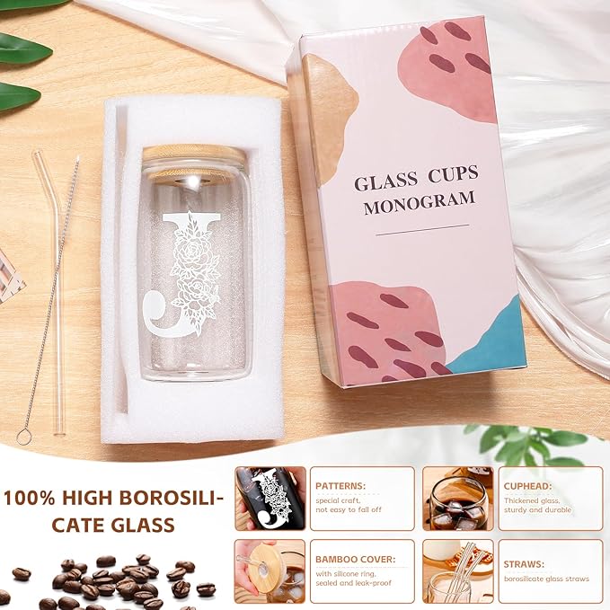 DWTS DANWEITESI Birthday Gifts for Women: Initial Glass Cup as Office Graduation Memorial Holiday Personalized Gifts - for Teacher Employee Nurse Coworkers Bridesmaid Bride - J Aesthetic Cup