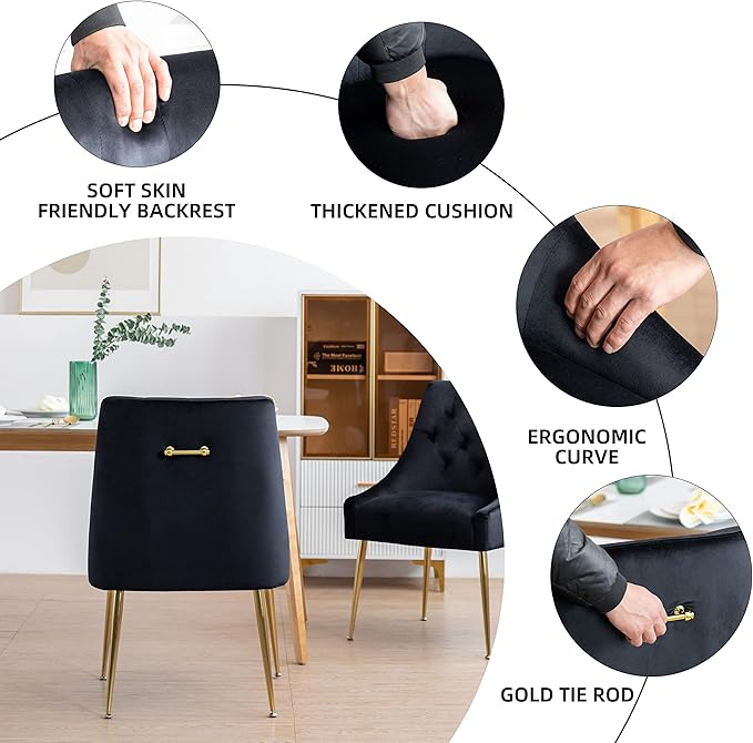 Modern Dining Chairs Set of 2, Mid Century Dining Chairs with 5.12” Cushions and Golden Legs, Velvet Upholstered Chairs with Back Pull Rod, for Kitchen, Living Room (Black)