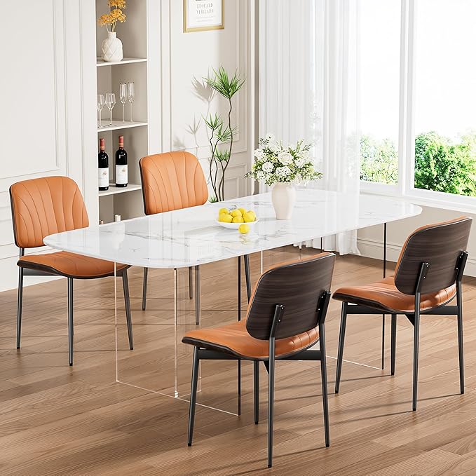 Dining Chairs Set of 6, Mid-Century Modern Upholstered PU Leather Chairs with Walnut Back and Metal Legs Adjustable Feet for Kitchen Dining Room, Orange Shell Strips