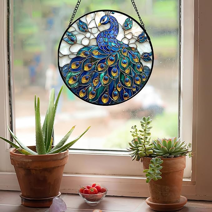 Stained Glass Window Hanging - Peacock Blue Gold Feathers Sun Catcher for Door Garden Home Decor Bird Suncatcher Christmas Mother's Day Birthday Gifts for Women Men Mom Nana 15 in