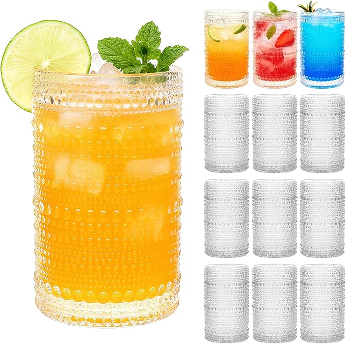 Mapoxy Hobnail Drinking Glasses Set of 12, 12 Oz Highball Glasses, Clear Embossed Water Glass Cups for Beer, Whiskey, Juice & Cocktails, Multi-Use Boho Glassware Set for Home, Bar, Kitchen & Gifting
