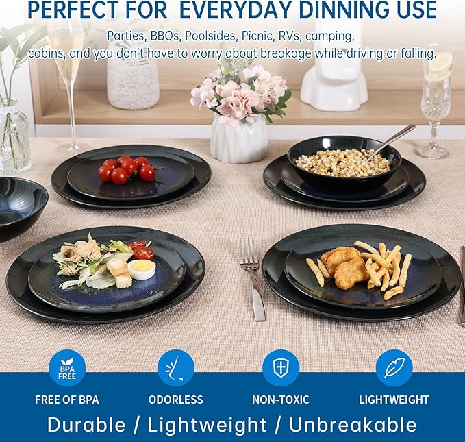 Melamine Dinnerware Set, 12pcs Plates and Bowls Set, Blue Dinner Dishes Set for Indoor and Outdoor, BPA-Free, Dishwasher Safe