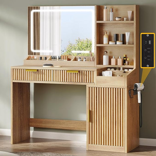 DWVO Fluted Makeup Vanity Desk with Large 27" Mirror and Lights, Modern Big Makeup Table with Power Outlet, 11 Shelves & 2 Drawers, 3 Color Lighting Modes, Dressing Table Vanity Set for Bedroom, Oak