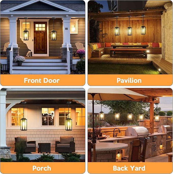 Outdoor Pendant Light Dusk to Dawn, 11'' Porch lights Outdoor Chandelier Hanging Ceiling Lights, Black Aluminum Lightshade with Tempered Glass, Exterior Lighting Fixture for Porch Yard, Gazebo, 1 Pack