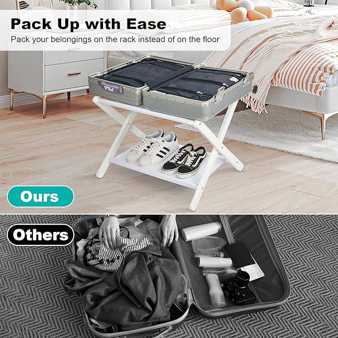 VASMIA Luggage Rack, Folding Suitcase Stand with Storage Shelf Set of 2, Bamboo Luggage Stand for Guest Room,Bedroon and Hotel,Holds up to 131 lb,Fit Most Luggage Size,White