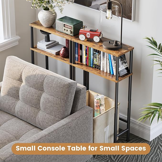 Narrow Console Table Set of 2, Small Entryway Table, 2-Tier Sofa Table with Storage, Skinny Console Tables for Entryway, Hallway, Bedroom, Living Room, Foyer, Rustic Brown